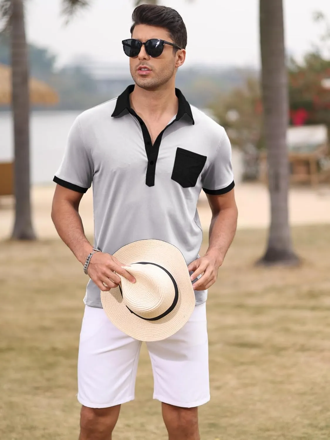 Polo Shirts for Mens Casual Golf Shirt Classic Fashion Short Sleeve Slim Fit T-Shirts Button Top with Pocket