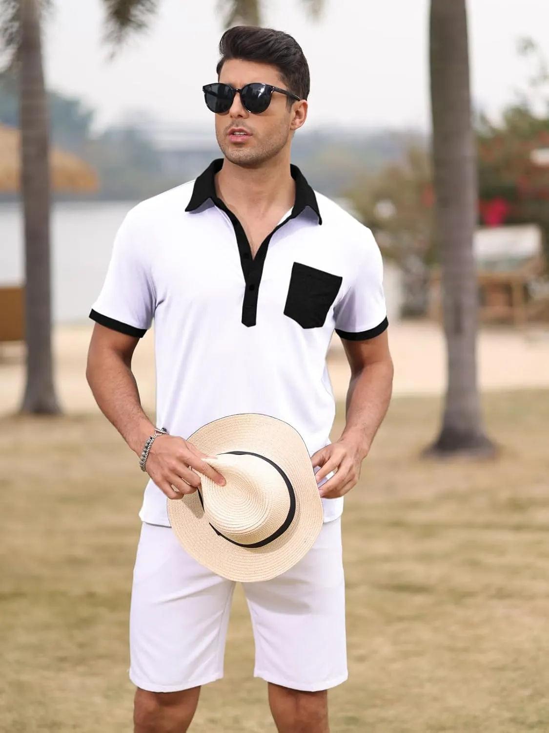 Polo Shirts for Mens Casual Golf Shirt Classic Fashion Short Sleeve Slim Fit T-Shirts Button Top with Pocket