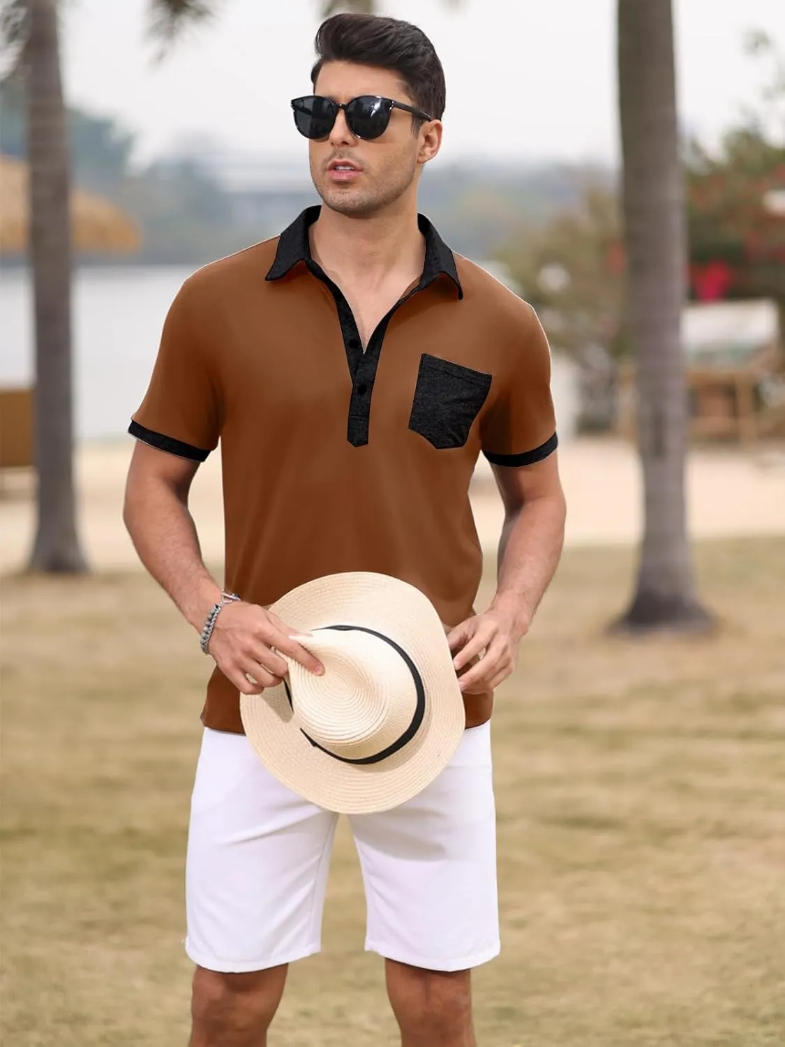 Polo Shirts for Mens Casual Golf Shirt Classic Fashion Short Sleeve Slim Fit T-Shirts Button Top with Pocket