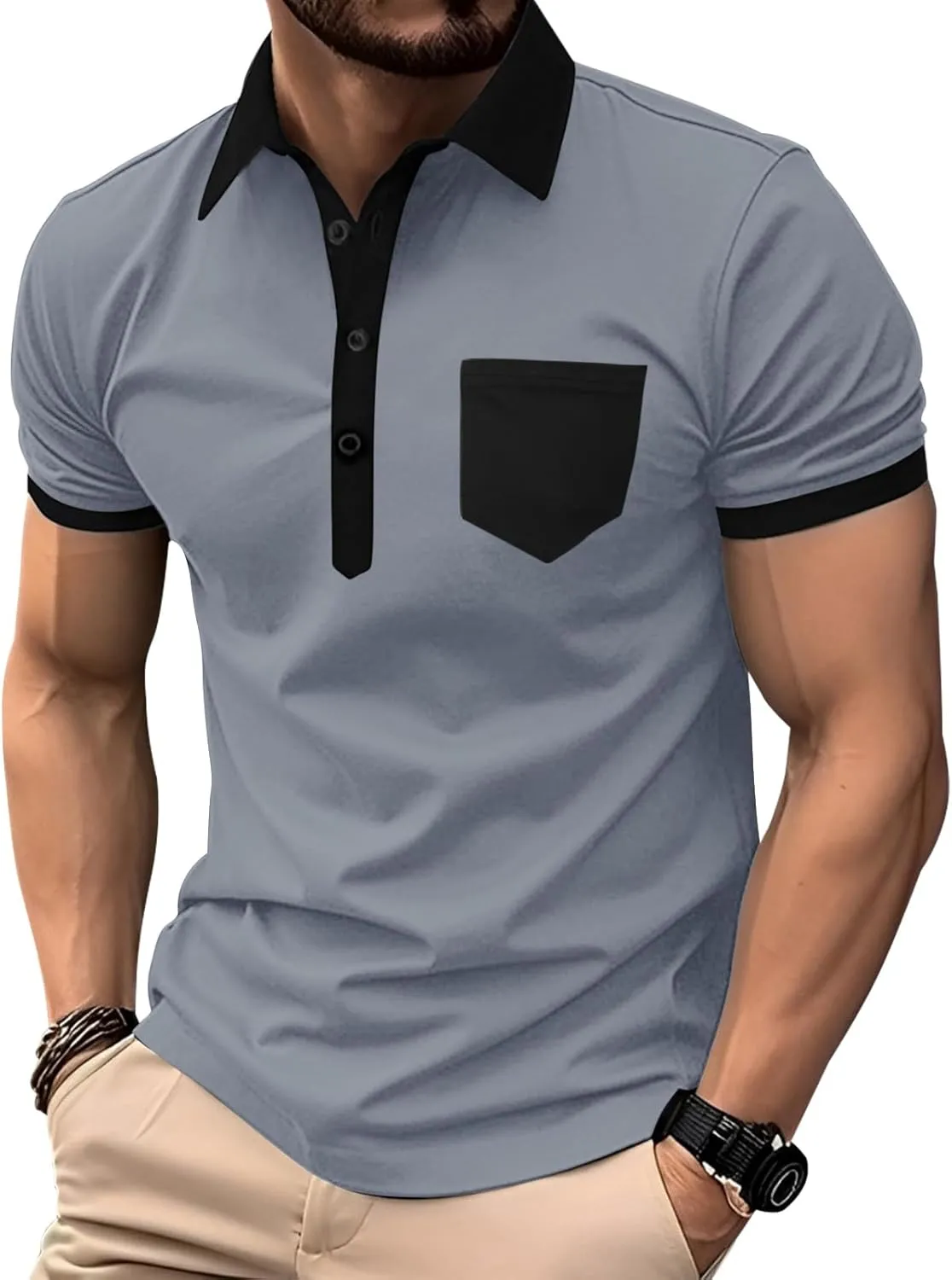 Polo Shirts for Mens Casual Golf Shirt Classic Fashion Short Sleeve Slim Fit T-Shirts Button Top with Pocket