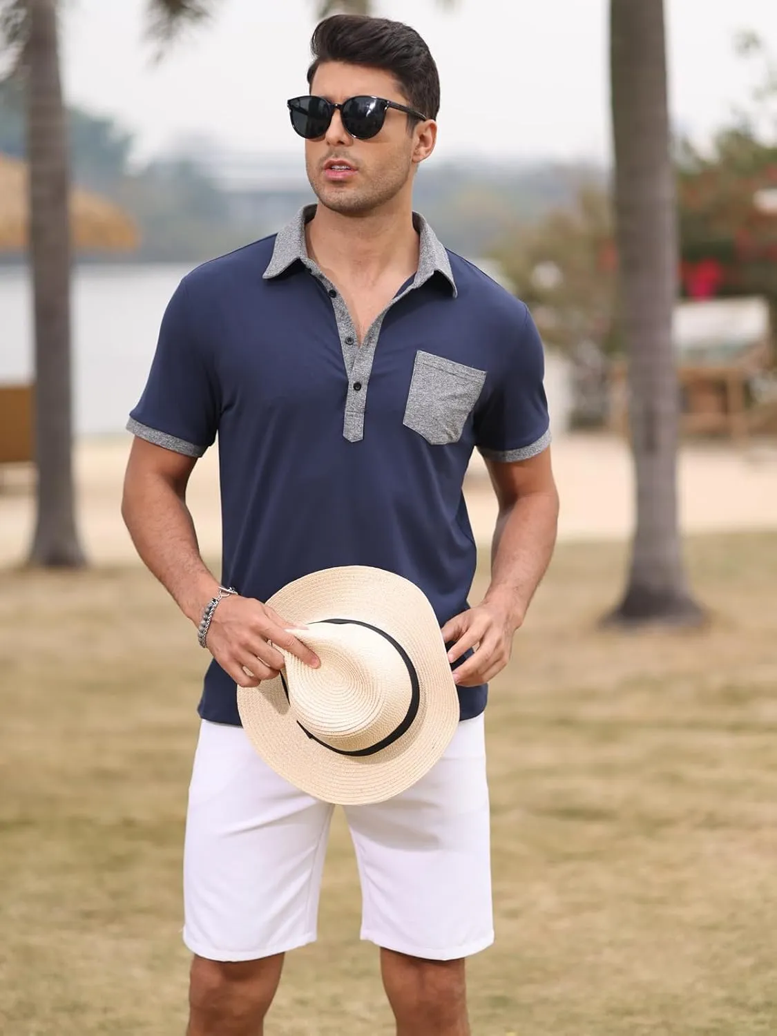 Polo Shirts for Mens Casual Golf Shirt Classic Fashion Short Sleeve Slim Fit T-Shirts Button Top with Pocket