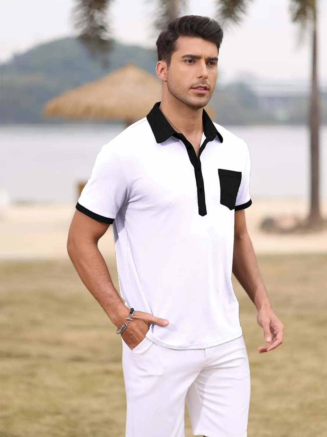 Polo Shirts for Mens Casual Golf Shirt Classic Fashion Short Sleeve Slim Fit T-Shirts Button Top with Pocket