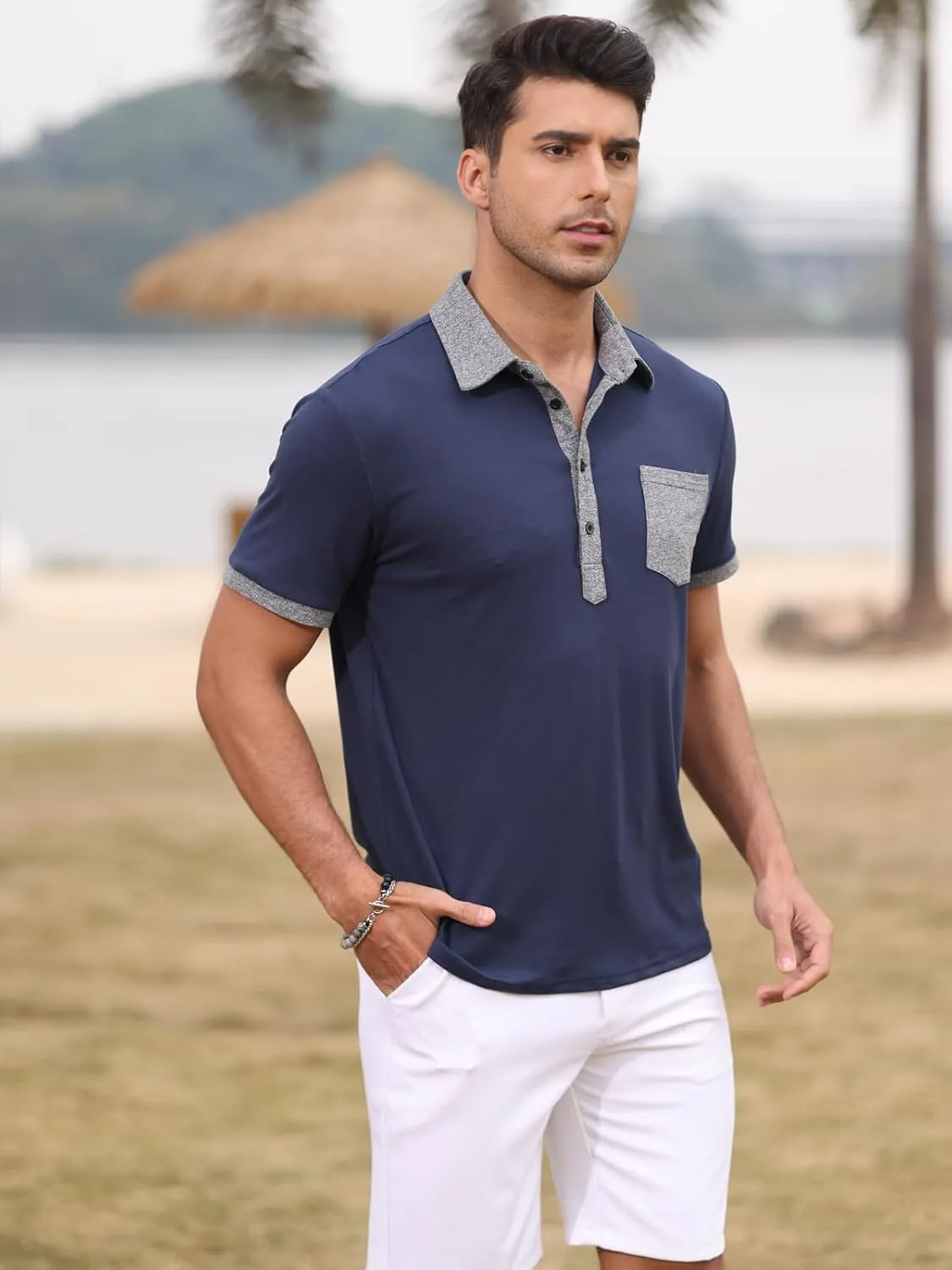 Polo Shirts for Mens Casual Golf Shirt Classic Fashion Short Sleeve Slim Fit T-Shirts Button Top with Pocket