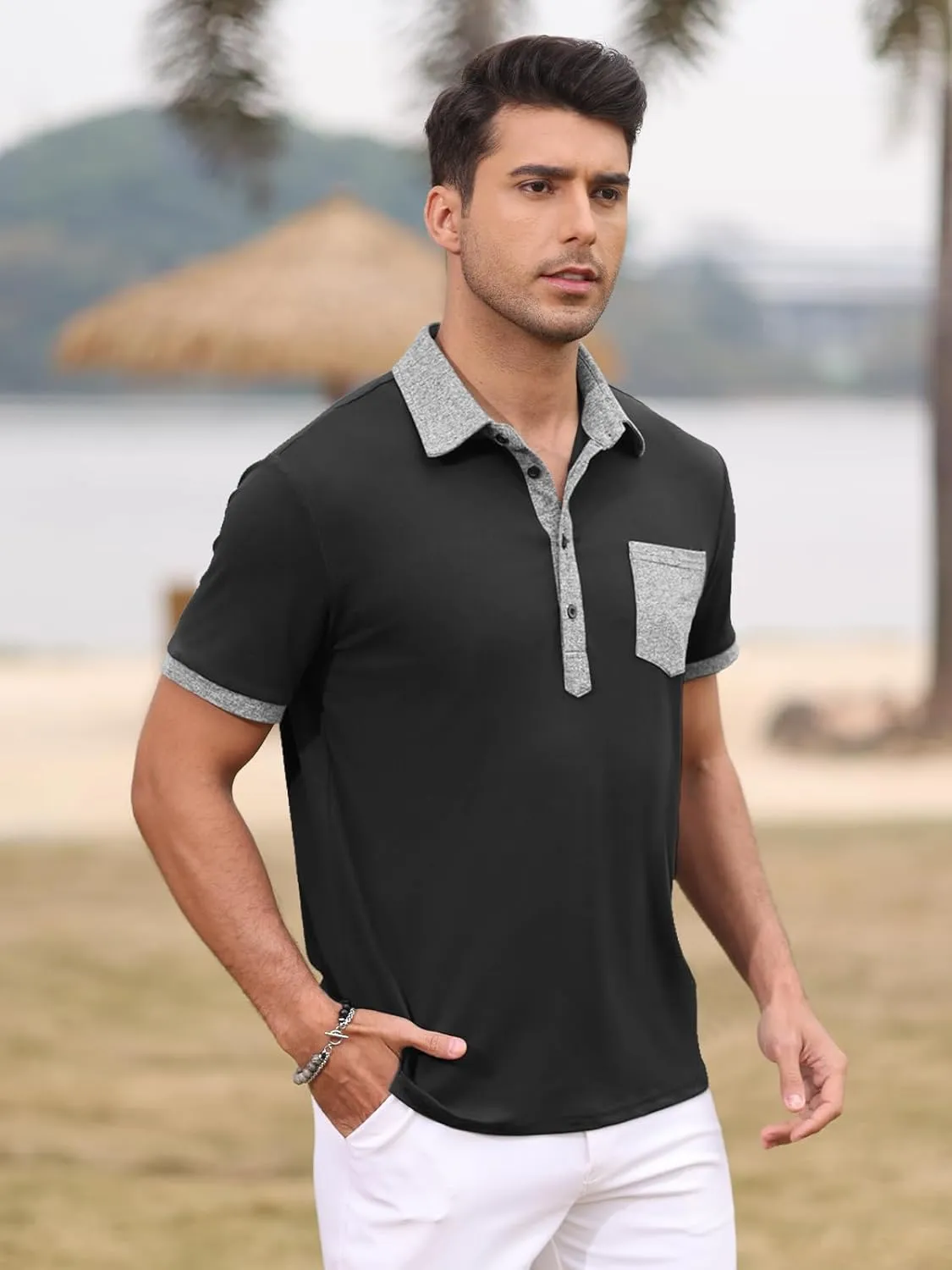 Polo Shirts for Mens Casual Golf Shirt Classic Fashion Short Sleeve Slim Fit T-Shirts Button Top with Pocket