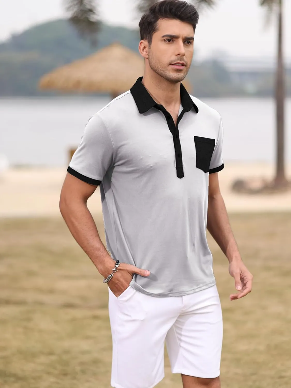 Polo Shirts for Mens Casual Golf Shirt Classic Fashion Short Sleeve Slim Fit T-Shirts Button Top with Pocket