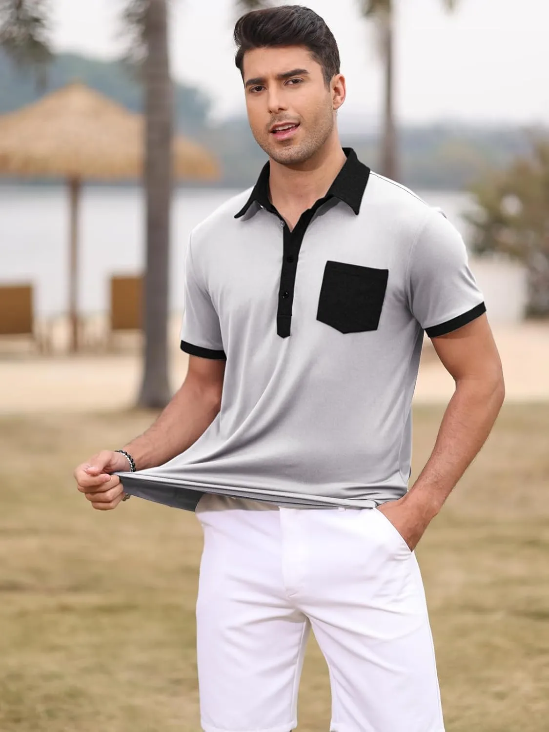 Polo Shirts for Mens Casual Golf Shirt Classic Fashion Short Sleeve Slim Fit T-Shirts Button Top with Pocket