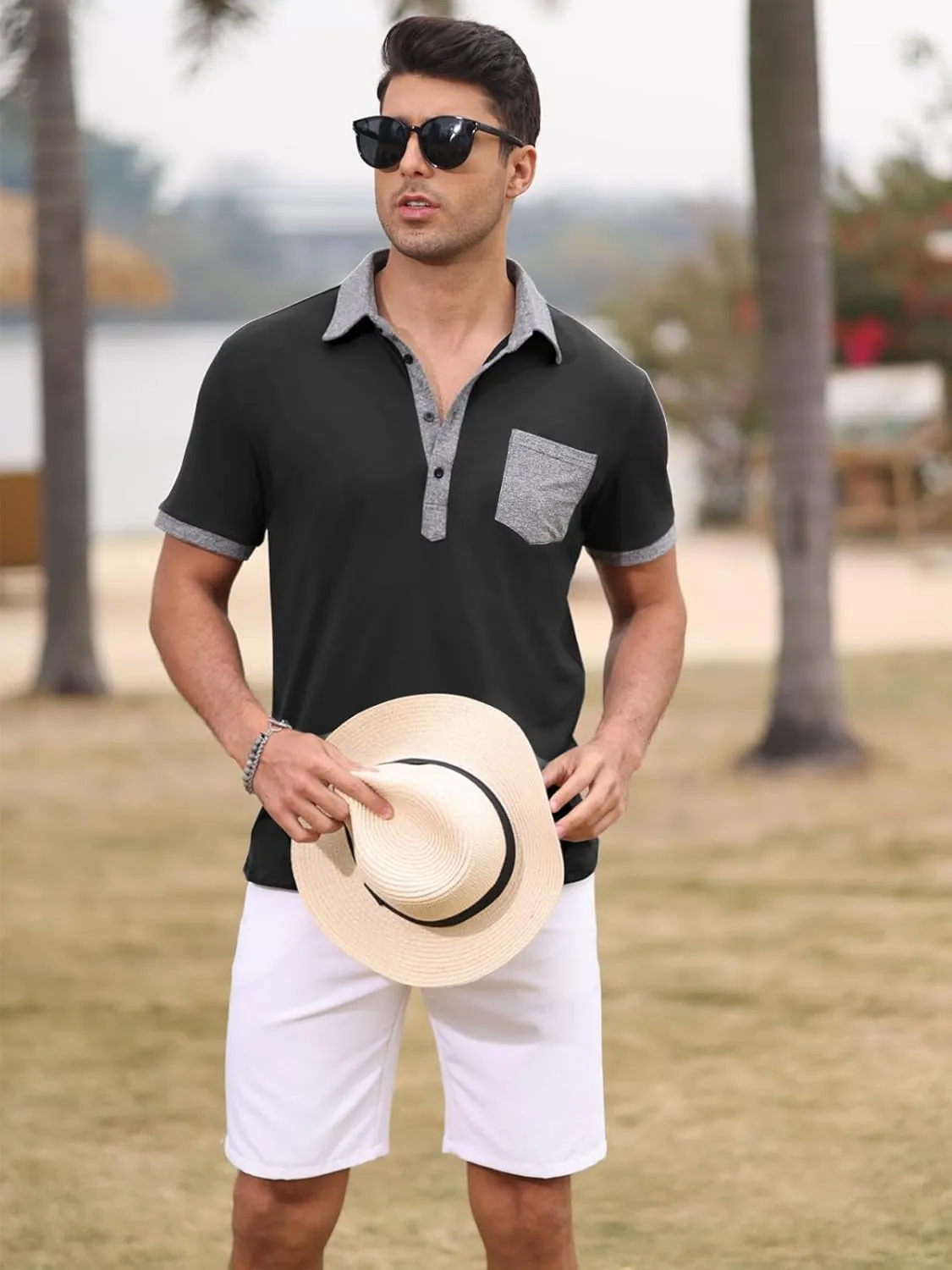 Polo Shirts for Mens Casual Golf Shirt Classic Fashion Short Sleeve Slim Fit T-Shirts Button Top with Pocket