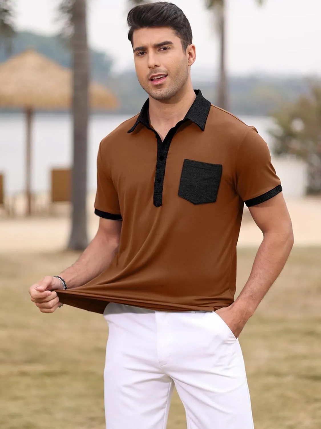 Polo Shirts for Mens Casual Golf Shirt Classic Fashion Short Sleeve Slim Fit T-Shirts Button Top with Pocket
