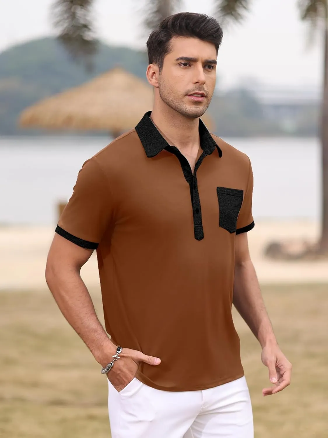 Polo Shirts for Mens Casual Golf Shirt Classic Fashion Short Sleeve Slim Fit T-Shirts Button Top with Pocket