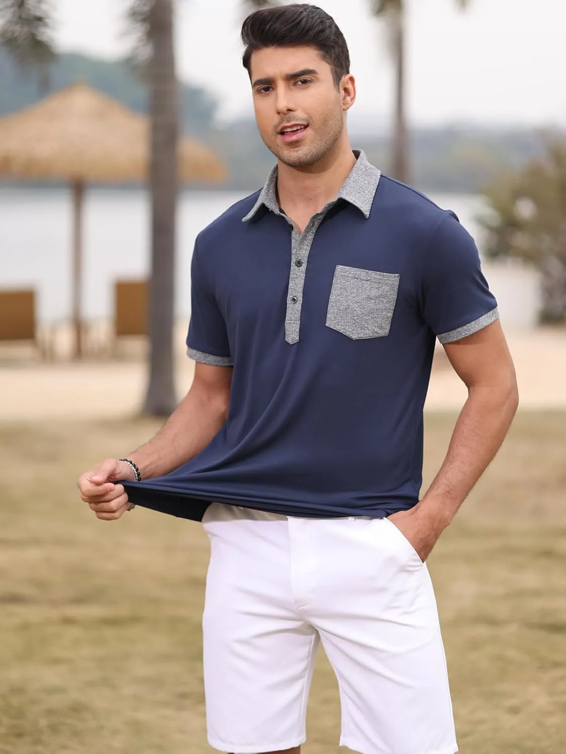 Polo Shirts for Mens Casual Golf Shirt Classic Fashion Short Sleeve Slim Fit T-Shirts Button Top with Pocket