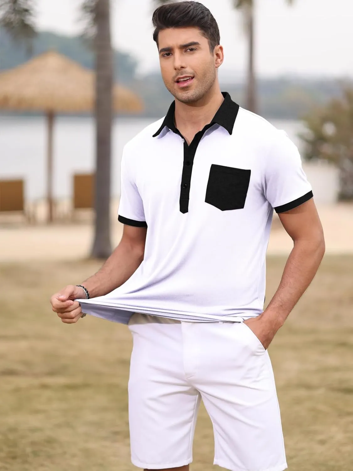 Polo Shirts for Mens Casual Golf Shirt Classic Fashion Short Sleeve Slim Fit T-Shirts Button Top with Pocket