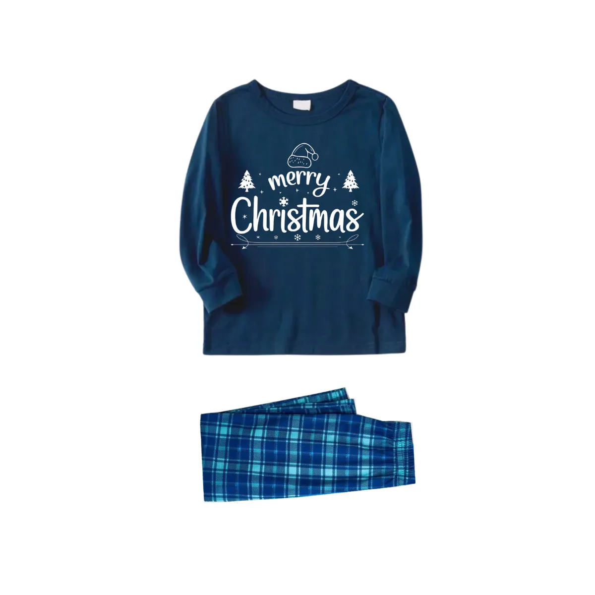"Merry Christmas" White Letter 2024 Blue Long Sleeve Top With Blue Plaid Couple Matching Pajamas