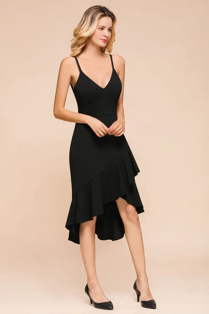 Sexy Spaghetti Straps Sweetheart Slim Hi-Lo Party Dress Vintage Backless Black Prom Dress