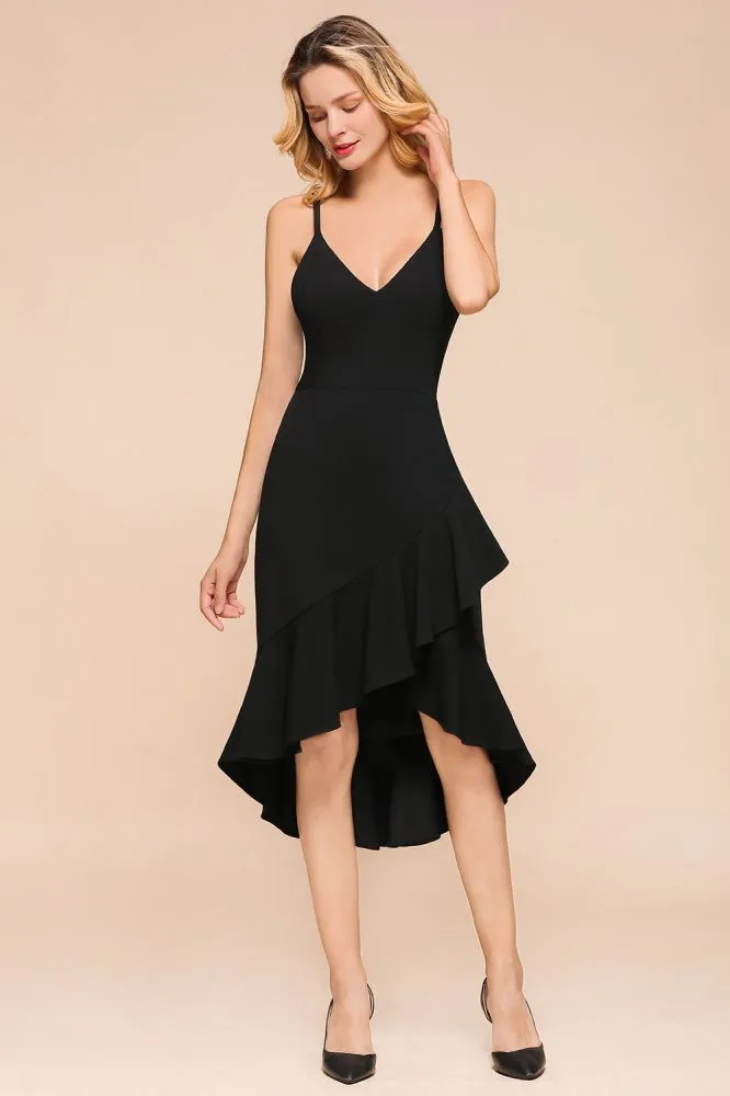 Sexy Spaghetti Straps Sweetheart Slim Hi-Lo Party Dress Vintage Backless Black Prom Dress