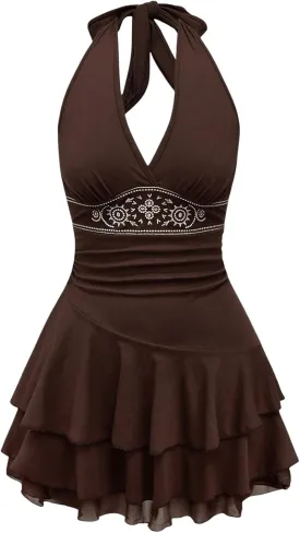 SOLY HUX Women's Summer Halter Backless Mini Dress Flowy Sleeveless V Neck Tie Back A Line Western Casual Sun Dresses