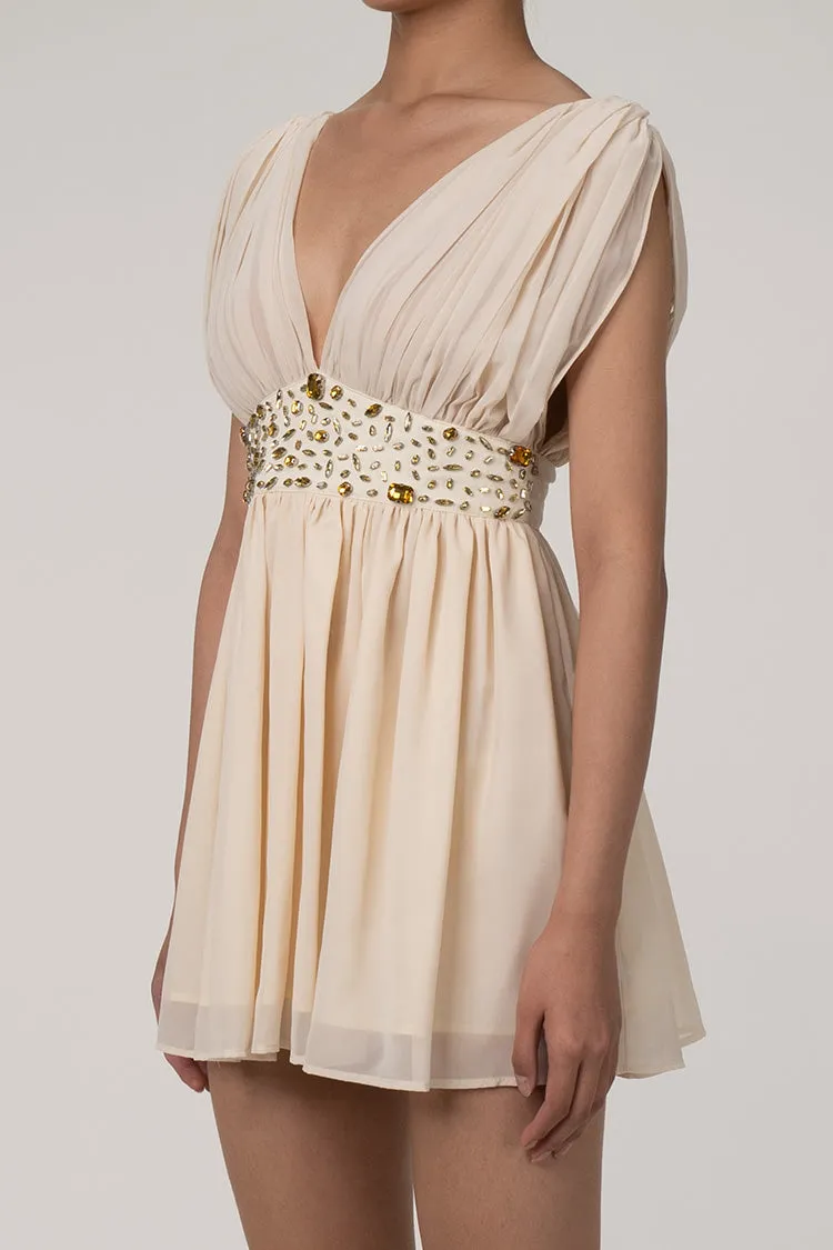 Sparkly Rhinestone Plunge High Waist Gathered Chiffon Sleeveless Party Mini Dress