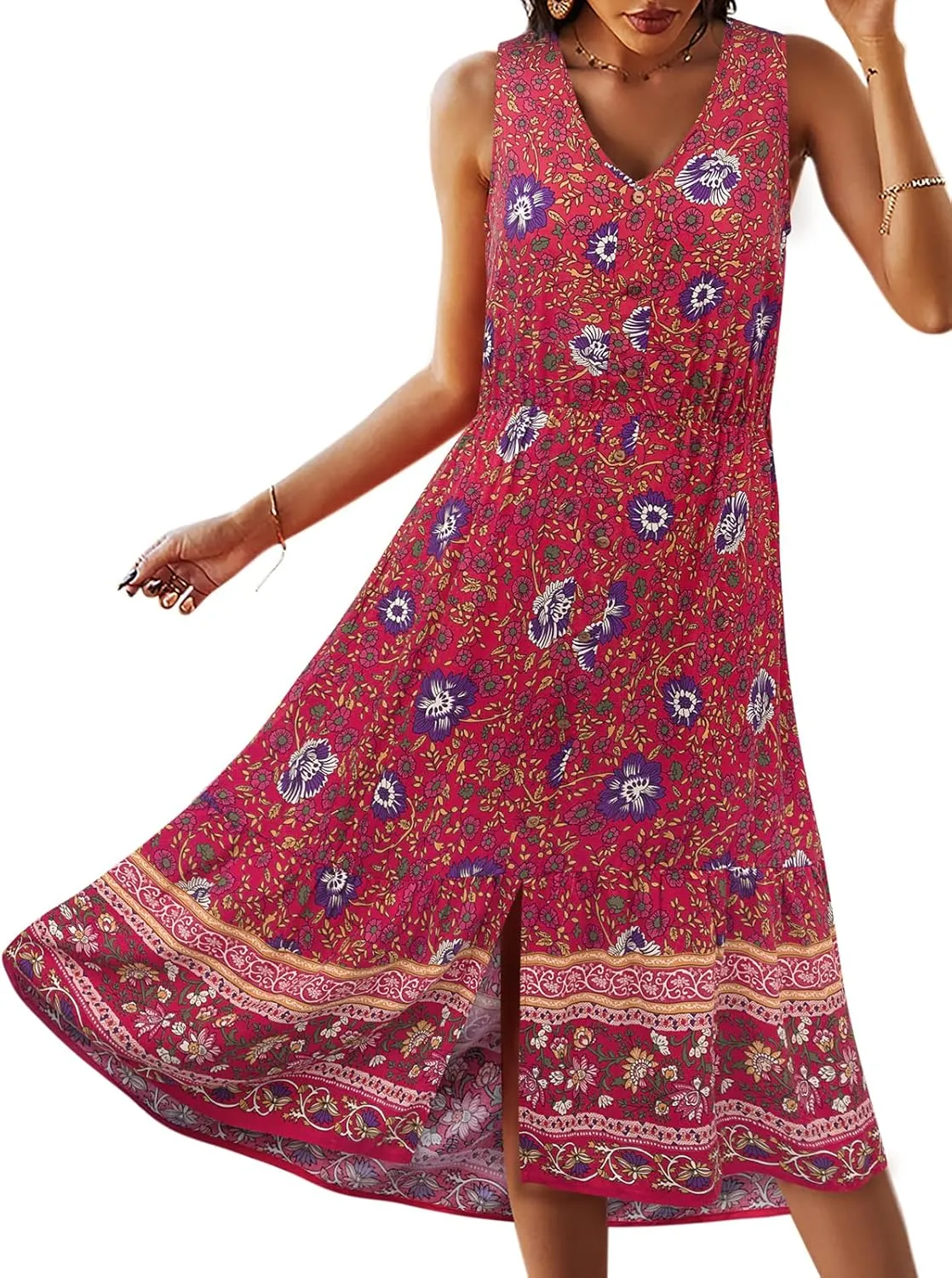TEMOFON Women Dress Summer Sleeveless Bohemian: Floral V Neck Button Down Flowy Boho Dresses S-XL