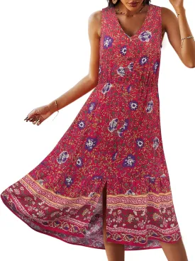 TEMOFON Women Dress Summer Sleeveless Bohemian: Floral V Neck Button Down Flowy Boho Dresses S-XL