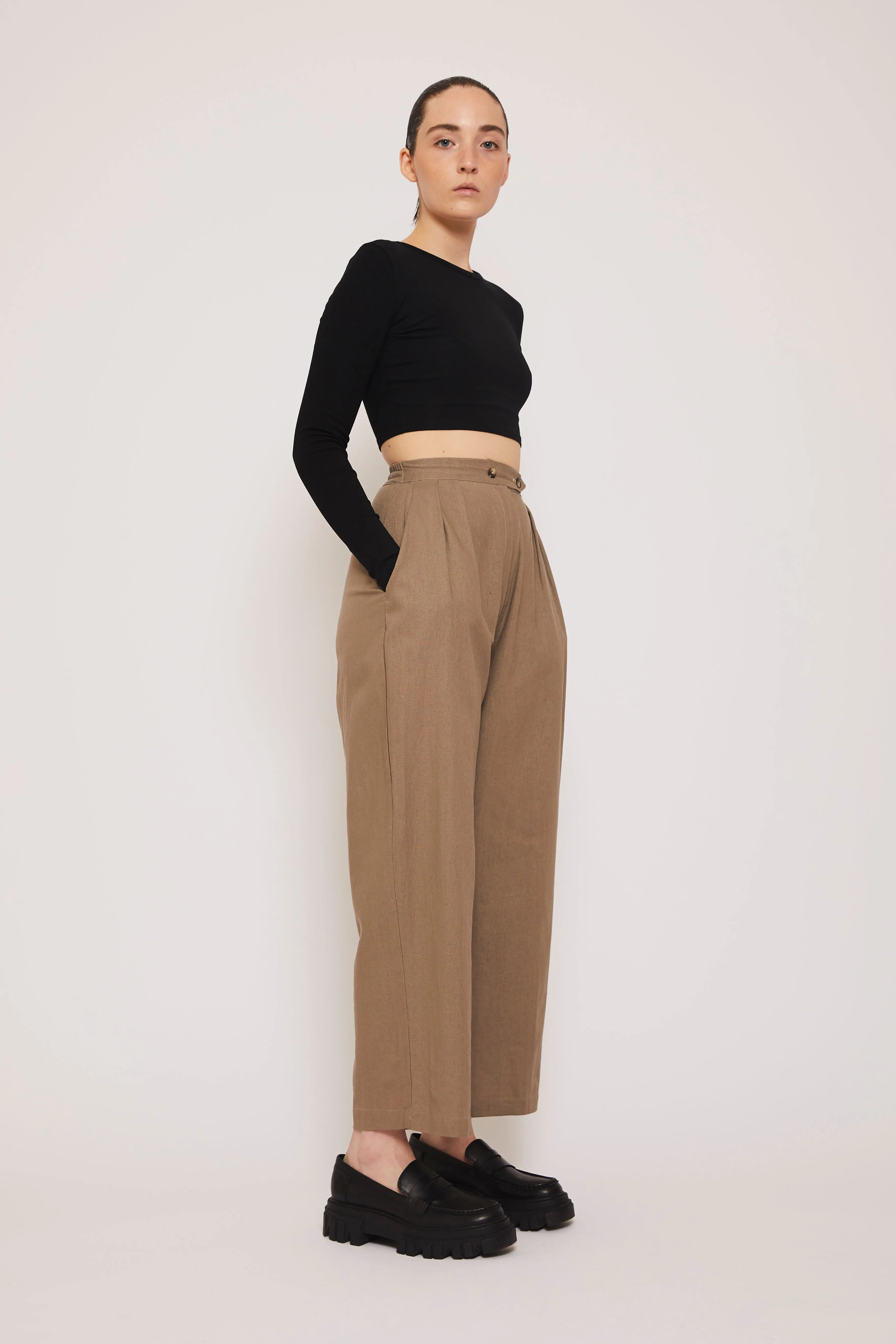 Washable Linen Relaxed Fit Pants- Fawn