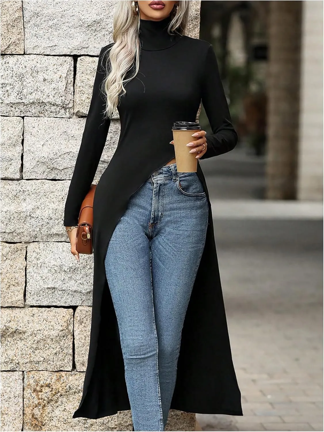 WDIRARA Women's Front Split Long Sleeve Shirt Dress High Neck Long Asymmetrical Hem Slim Fit Blouse Top