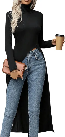 WDIRARA Women's Front Split Long Sleeve Shirt Dress High Neck Long Asymmetrical Hem Slim Fit Blouse Top