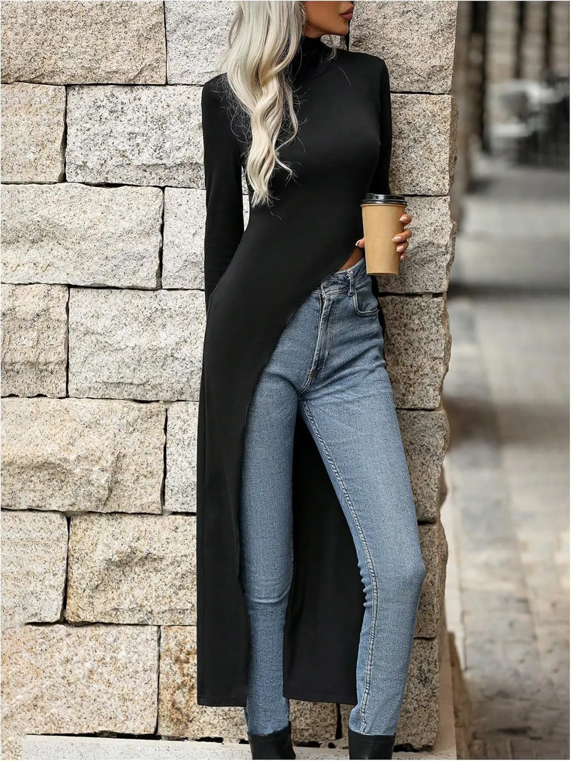 WDIRARA Women's Front Split Long Sleeve Shirt Dress High Neck Long Asymmetrical Hem Slim Fit Blouse Top