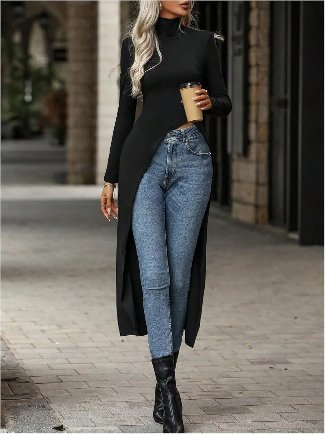 WDIRARA Women's Front Split Long Sleeve Shirt Dress High Neck Long Asymmetrical Hem Slim Fit Blouse Top