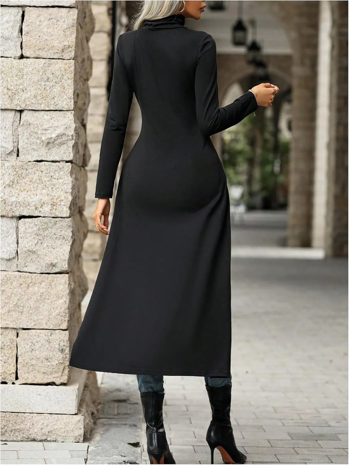 WDIRARA Women's Front Split Long Sleeve Shirt Dress High Neck Long Asymmetrical Hem Slim Fit Blouse Top