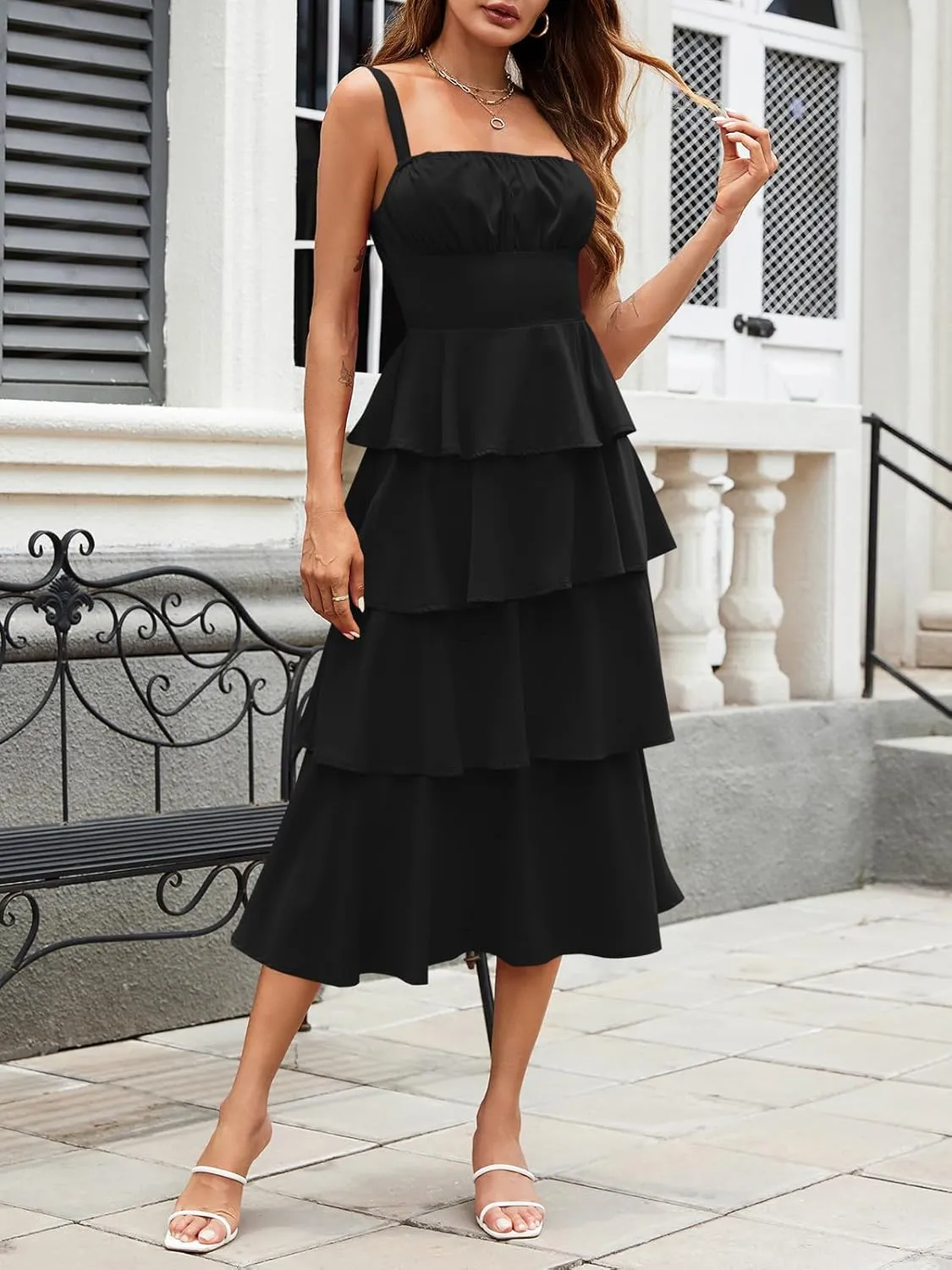 Wenrine Womens Summer Maxi Dress Spaghetti Strap Sleeveless Tie Back Flowy Tiered Casual Dresses