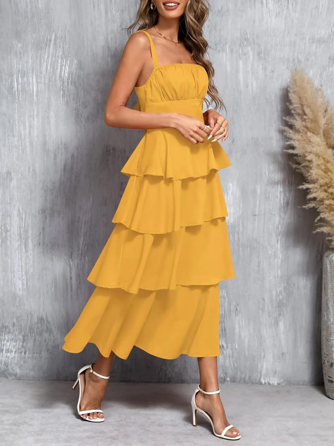 Wenrine Womens Summer Maxi Dress Spaghetti Strap Sleeveless Tie Back Flowy Tiered Casual Dresses