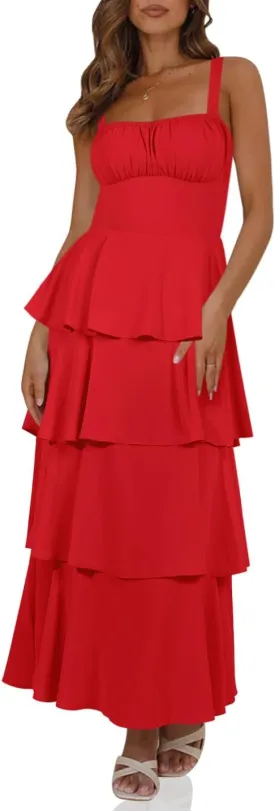Wenrine Womens Summer Maxi Dress Spaghetti Strap Sleeveless Tie Back Flowy Tiered Casual Dresses