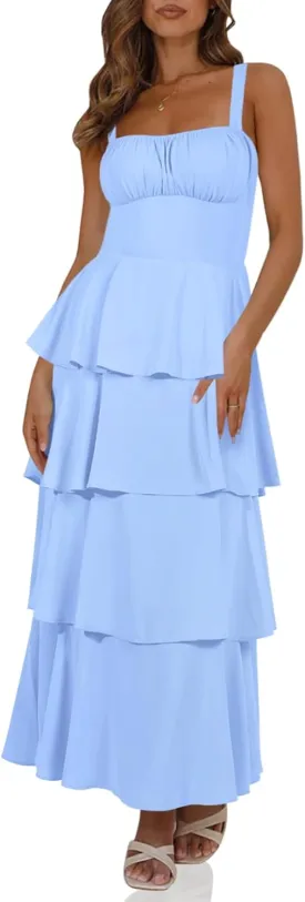 Wenrine Womens Summer Maxi Dress Spaghetti Strap Sleeveless Tie Back Flowy Tiered Casual Dresses