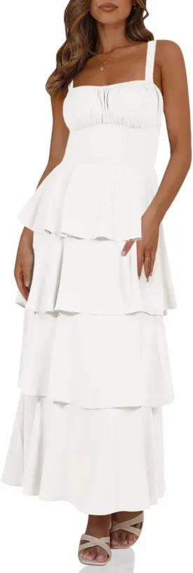 Wenrine Womens Summer Maxi Dress Spaghetti Strap Sleeveless Tie Back Flowy Tiered Casual Dresses