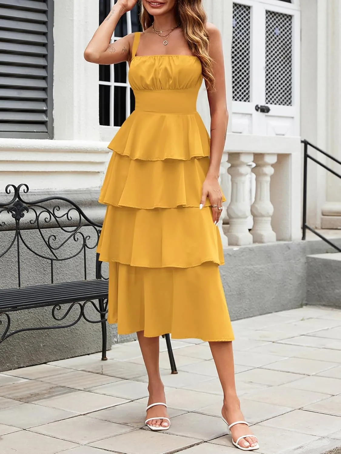 Wenrine Womens Summer Maxi Dress Spaghetti Strap Sleeveless Tie Back Flowy Tiered Casual Dresses