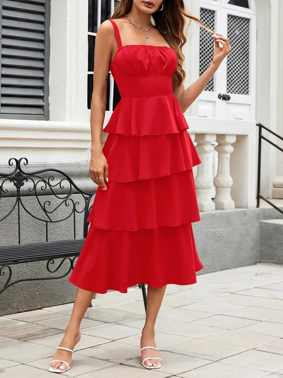 Wenrine Womens Summer Maxi Dress Spaghetti Strap Sleeveless Tie Back Flowy Tiered Casual Dresses