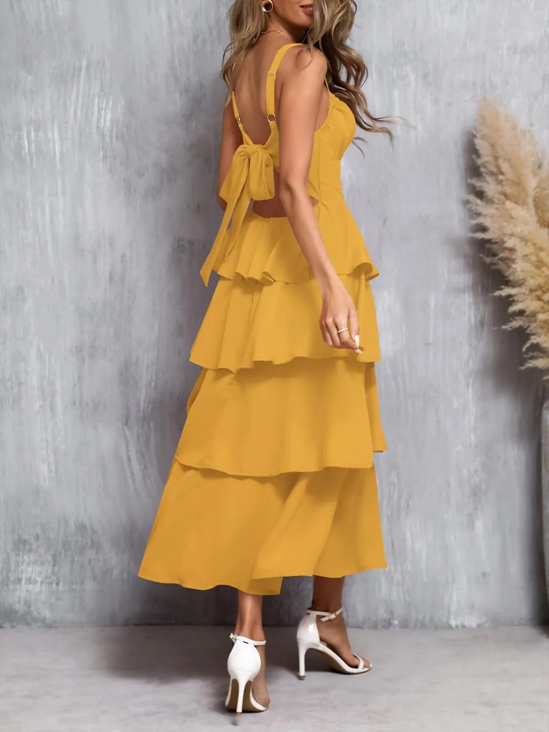 Wenrine Womens Summer Maxi Dress Spaghetti Strap Sleeveless Tie Back Flowy Tiered Casual Dresses