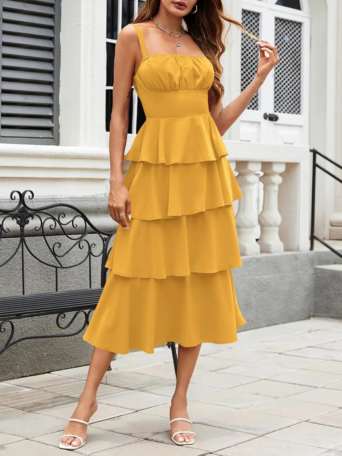 Wenrine Womens Summer Maxi Dress Spaghetti Strap Sleeveless Tie Back Flowy Tiered Casual Dresses