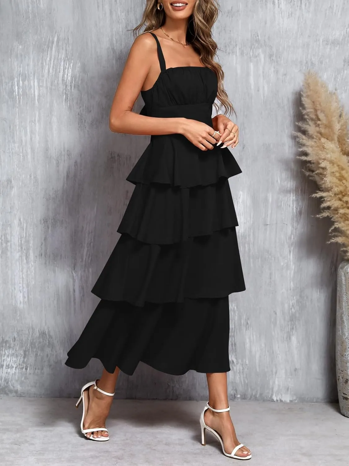 Wenrine Womens Summer Maxi Dress Spaghetti Strap Sleeveless Tie Back Flowy Tiered Casual Dresses