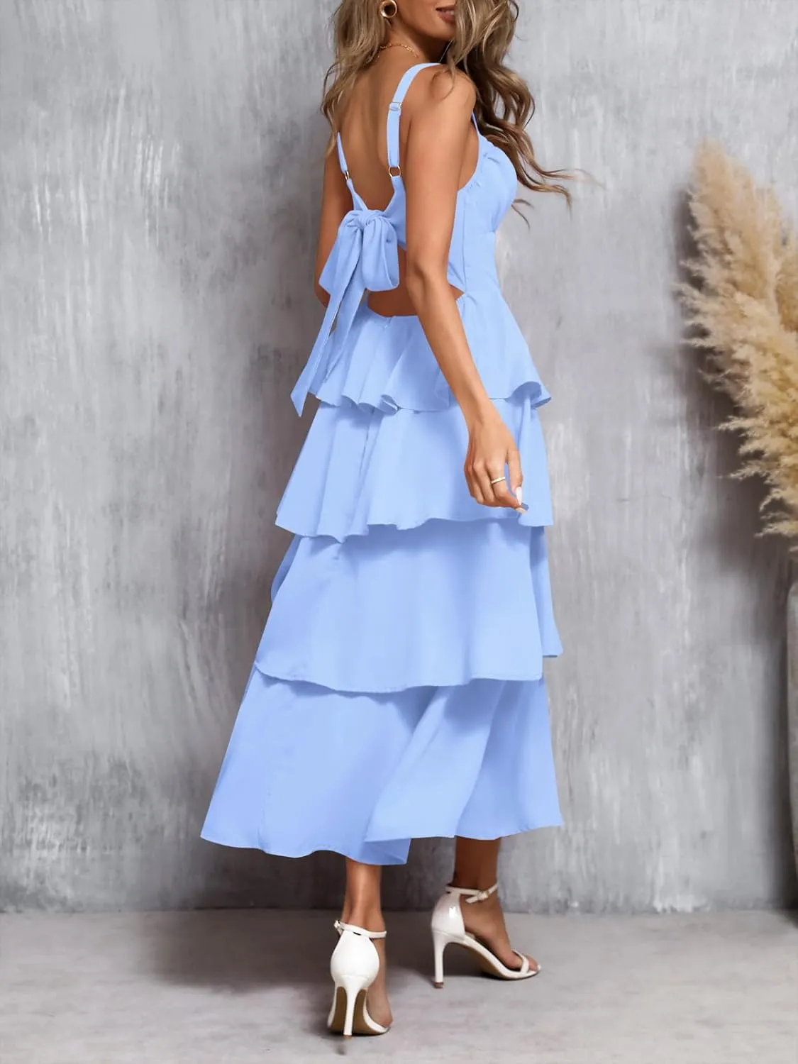 Wenrine Womens Summer Maxi Dress Spaghetti Strap Sleeveless Tie Back Flowy Tiered Casual Dresses