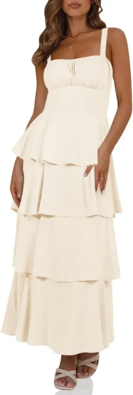 Wenrine Womens Summer Maxi Dress Spaghetti Strap Sleeveless Tie Back Flowy Tiered Casual Dresses