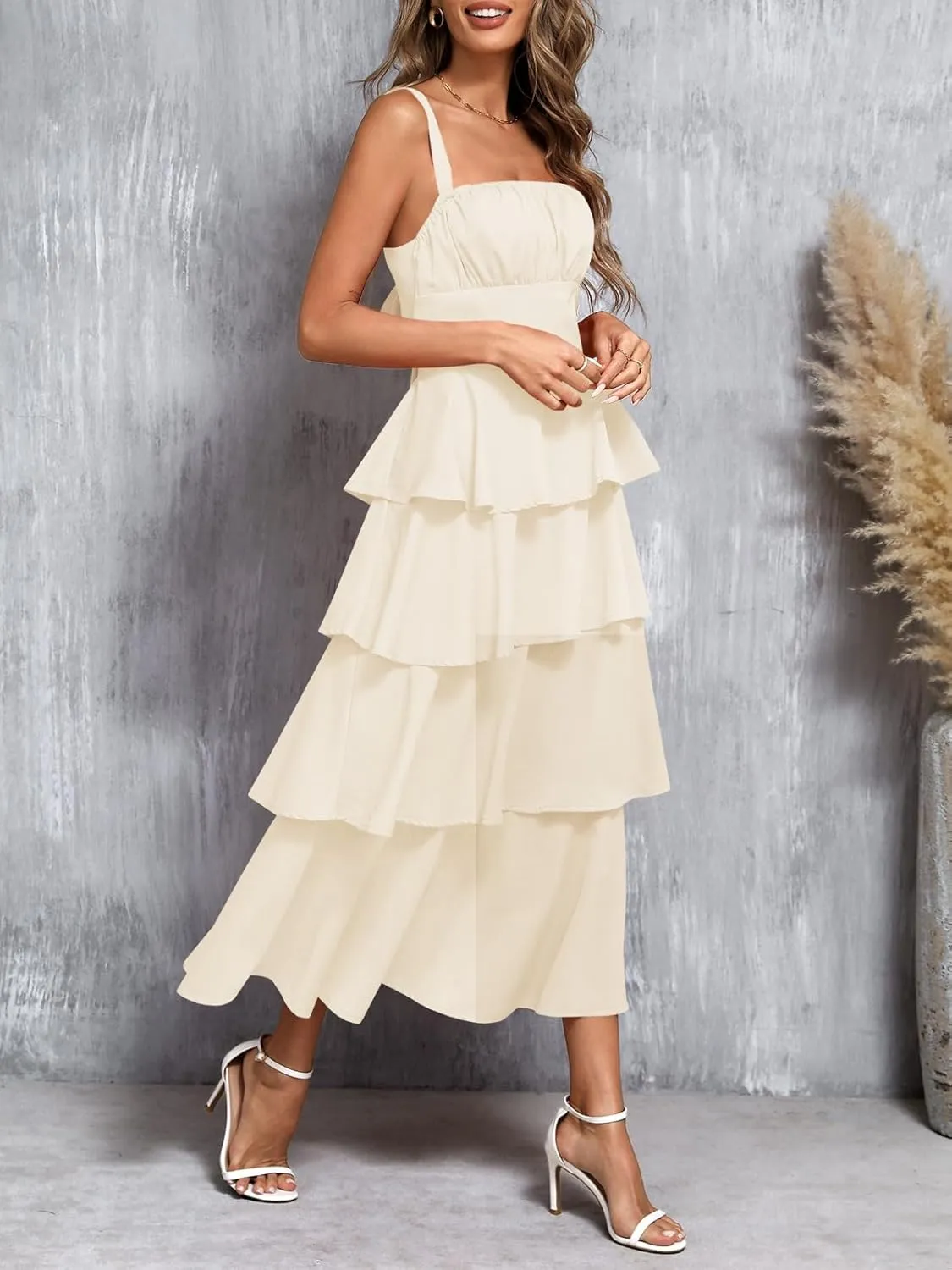 Wenrine Womens Summer Maxi Dress Spaghetti Strap Sleeveless Tie Back Flowy Tiered Casual Dresses