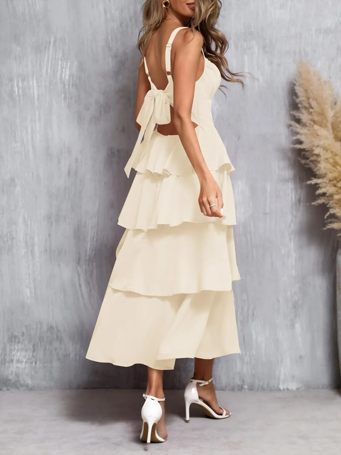 Wenrine Womens Summer Maxi Dress Spaghetti Strap Sleeveless Tie Back Flowy Tiered Casual Dresses