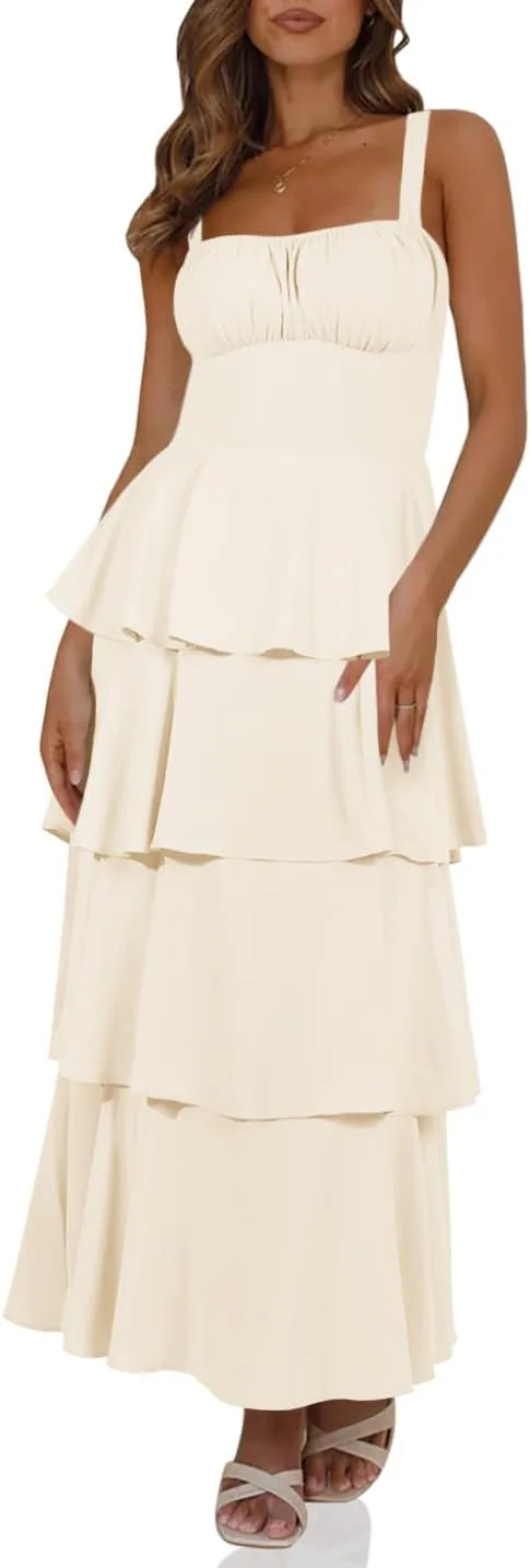 Wenrine Womens Summer Maxi Dress Spaghetti Strap Sleeveless Tie Back Flowy Tiered Casual Dresses
