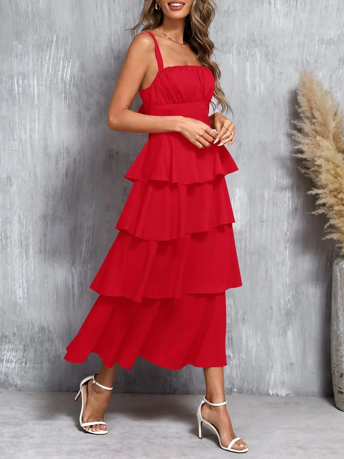 Wenrine Womens Summer Maxi Dress Spaghetti Strap Sleeveless Tie Back Flowy Tiered Casual Dresses