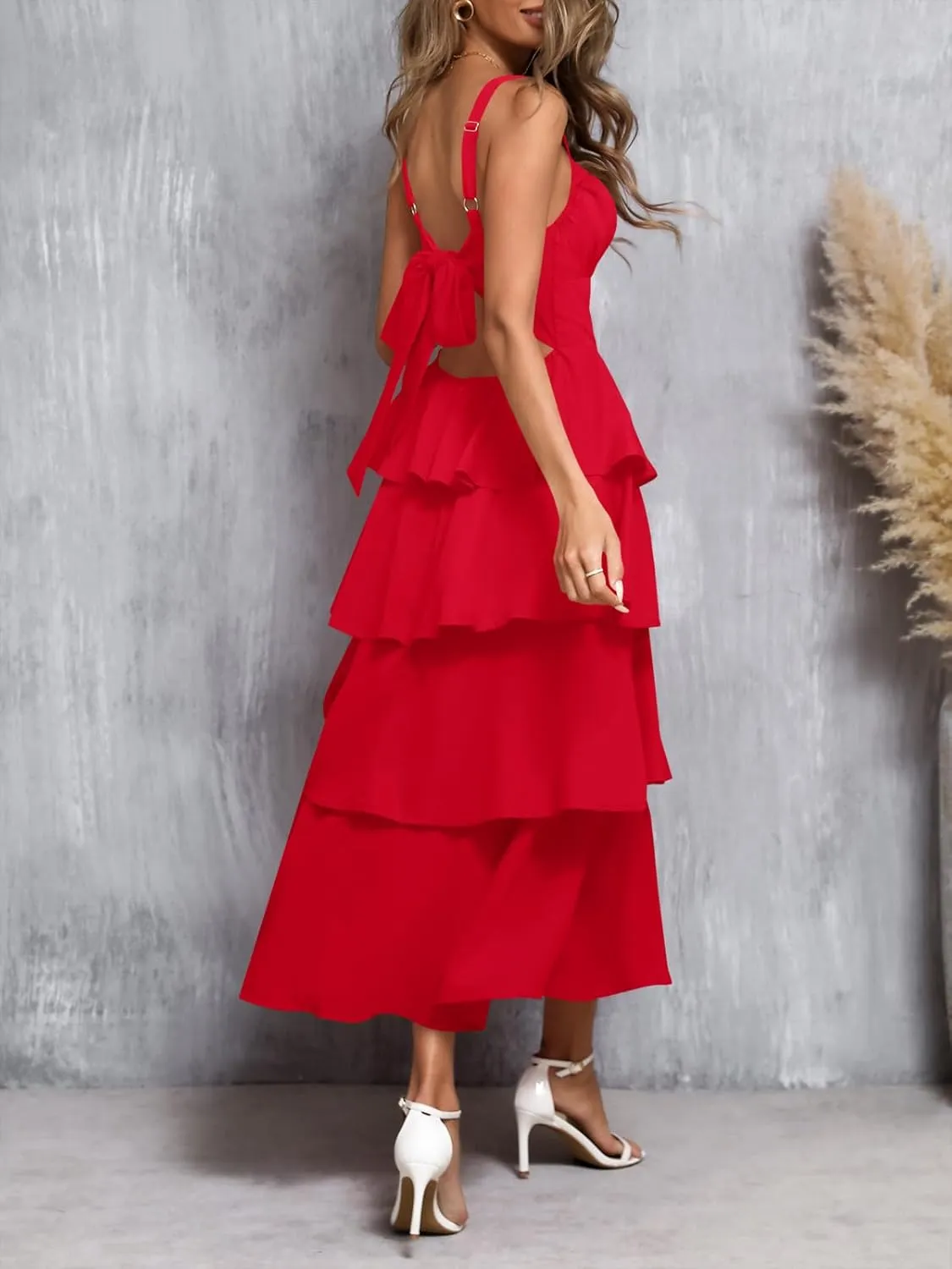 Wenrine Womens Summer Maxi Dress Spaghetti Strap Sleeveless Tie Back Flowy Tiered Casual Dresses