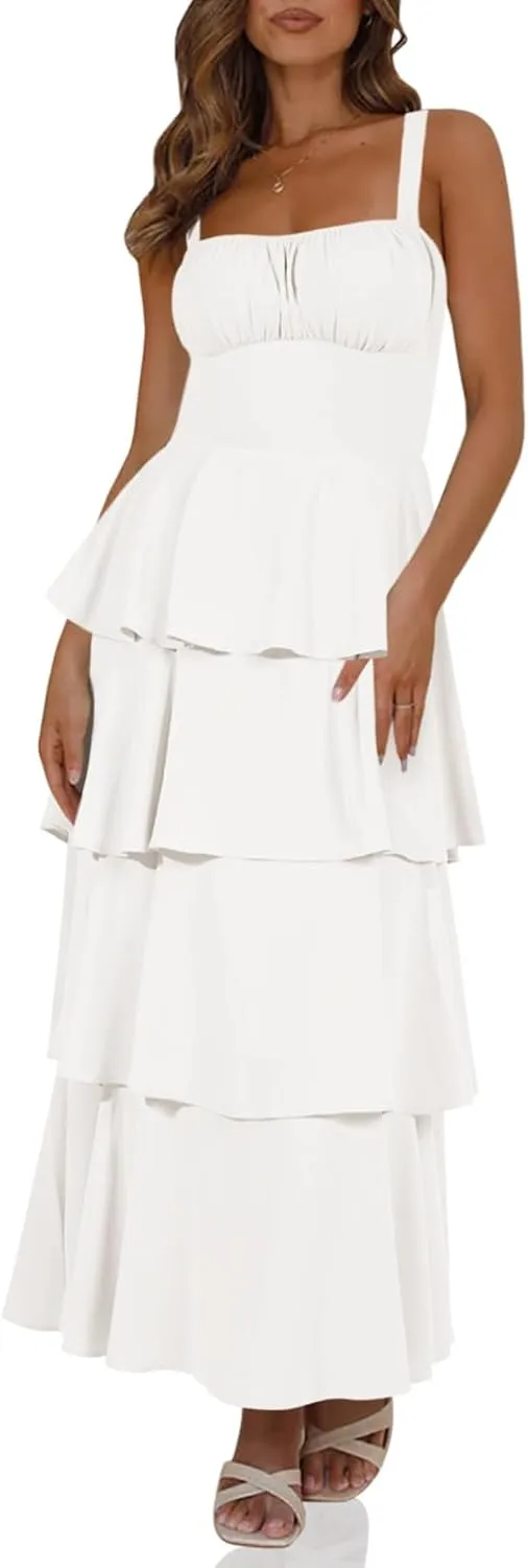 Wenrine Womens Summer Maxi Dress Spaghetti Strap Sleeveless Tie Back Flowy Tiered Casual Dresses