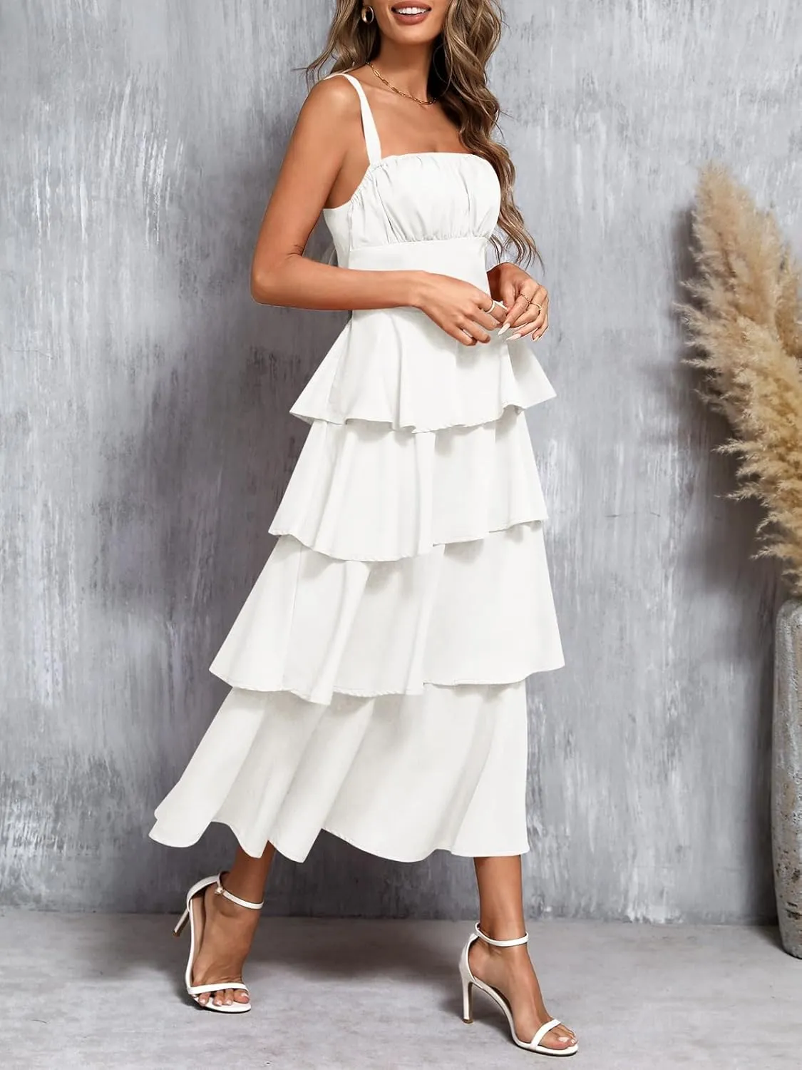 Wenrine Womens Summer Maxi Dress Spaghetti Strap Sleeveless Tie Back Flowy Tiered Casual Dresses