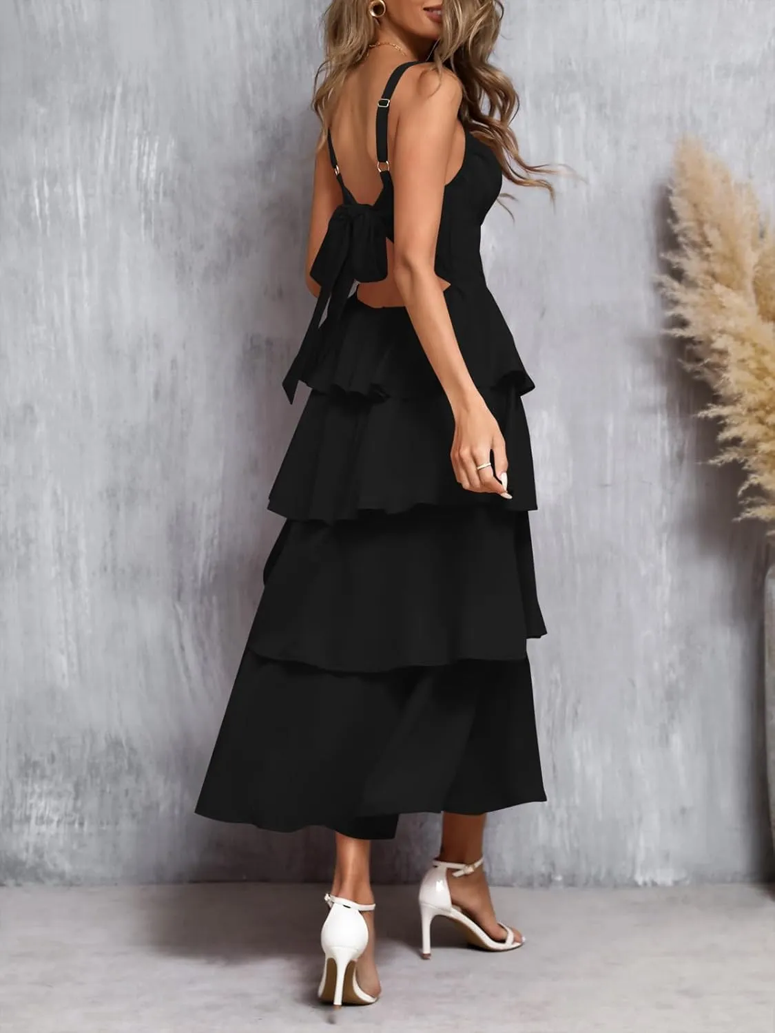 Wenrine Womens Summer Maxi Dress Spaghetti Strap Sleeveless Tie Back Flowy Tiered Casual Dresses