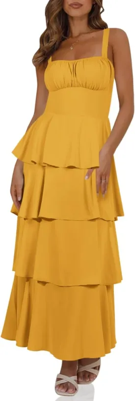 Wenrine Womens Summer Maxi Dress Spaghetti Strap Sleeveless Tie Back Flowy Tiered Casual Dresses