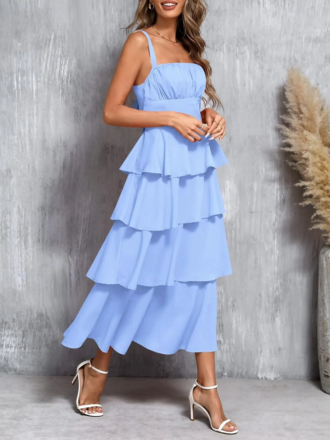 Wenrine Womens Summer Maxi Dress Spaghetti Strap Sleeveless Tie Back Flowy Tiered Casual Dresses
